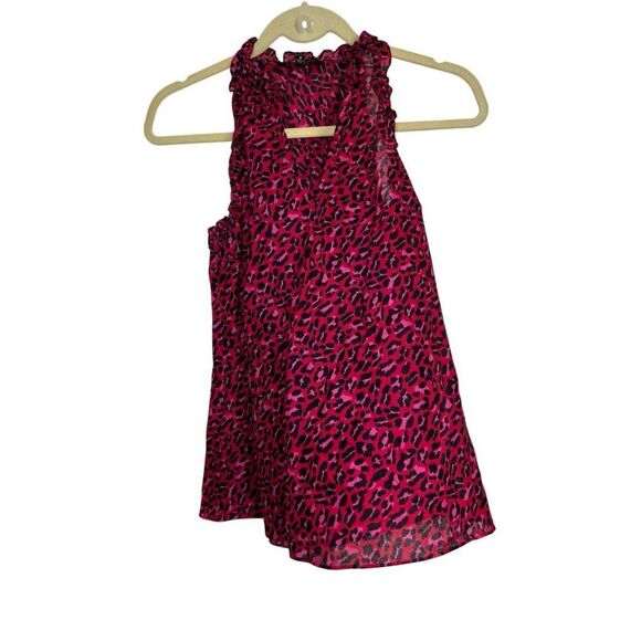 Express Top Womens Small Black Red Pink Ruffle V-Neck Animal Print Sleeveless - Picture 1 of 9